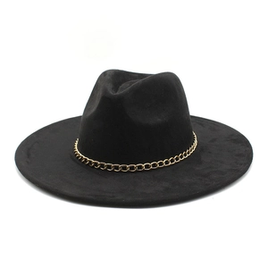 Classic black suede fedora hat for men and women featuring a bold gold chain band detail