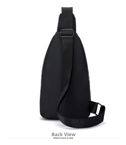 Rear view of minimalist black crossbody chest bag featuring adjustable shoulder strap