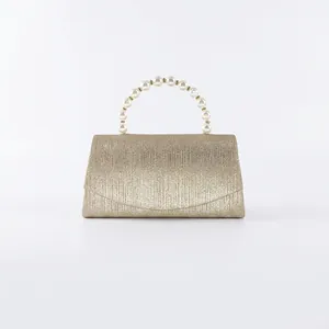 Women Elegant Evening Clutch Bag Glitter Fabric With Faux Artificial Pearl Handle Luxury Shining Sequin Handbag For Wedding Party