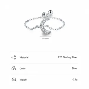 S925 sterling silver moon chain ring with cubic zirconia on white background
