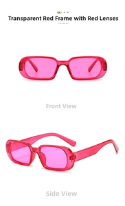 Detail view showing front and side angles of transparent red rectangular sunglasses