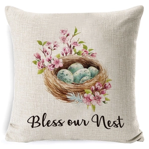 Easter throw pillow cover with bird nest design and Bless our Nest text on linen fabric