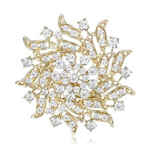 Élégante broche tournesol en strass avec base en métal doré sur fond blanc