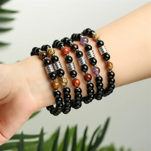 Stainless Steel Natural Stone Beaded Bracelet Men Agate Tiger Eye Amethyst Lapis Lazuli Stretch Charm Bracelet For Unisex