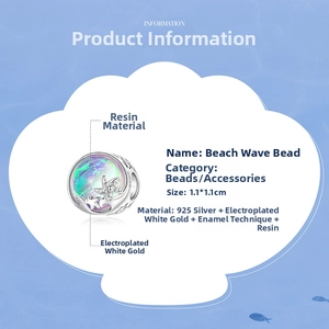 Detailed view of S925 silver beach wave charm with iridescent resin starfish and enamel