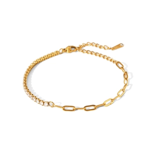 Detail of gold-plated tennis chain spliced with paperclip links and lobster clasp