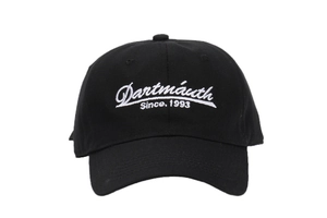 Detail of black cotton baseball cap showing white Dartmouth Since 1993 embroidery