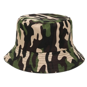 Detailed view of forest camouflage pattern and stitching on a breathable sun bucket hat