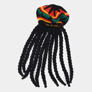 Halloween Rasta knit beanie with colorful stripes and black long synthetic dreadlocks