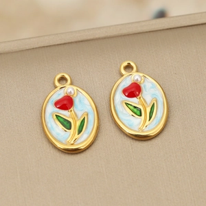 18K gold-plated oval tulip pendants with red enamel and pearl accents for DIY jewelry