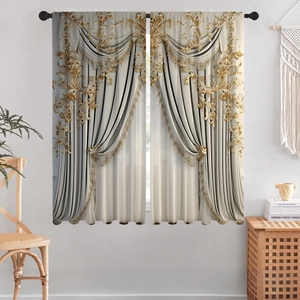 Detail of cream curtains with vintage floral patterns and golden tassel fringe accents