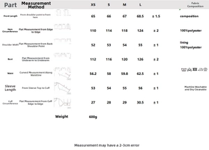 Detailed sizing chart and material information for women's reversible jacket