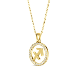 Detail of a gold S925 silver Sagittarius pendant with sparkling stones on a fine chain