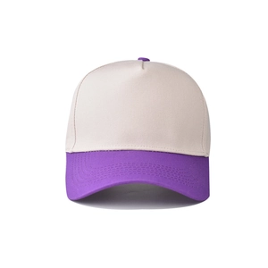 Front view of a five-panel baseball cap with cream crown and purple brim detail