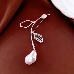 French vintage silver brooch with branch design, white opal and baroque pearl pendant