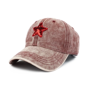 Distressed burgundy denim baseball cap with a sequined red star patch for outdoor sun protection