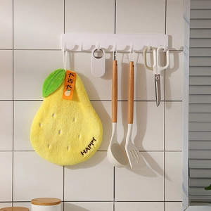 White wall-mounted 6-hook rack for kitchen towels and tools in minimalist style