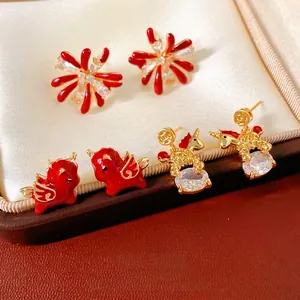 Red Horse Flower Stud Earrings 18K Gold Plated Copper With Silver Earring Post Zircon Enamel Fashion Jewelry Women
