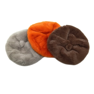 Plush winter beret hat set in grey, orange, and brown with soft faux fur texture