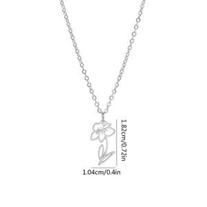 Detail view of the floral pendant dimensions measuring 1.82cm by 1.04cm in silver finish
