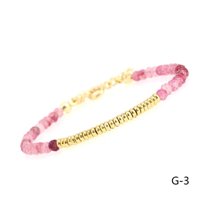 Detailed view of pink chalcedony and gold beads bracelet with adjustable lobster clasp