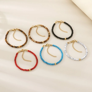 Set of 6 natural volcanic and tiger eye stone beaded bracelets with adjustable gold clasps