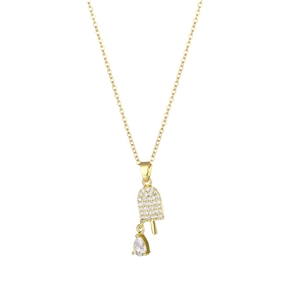 Golden ice cream pendant necklace with white zircons on a clean white background