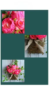 Detailed close-up of artificial pink rose hanging basket with rustic burlap bow