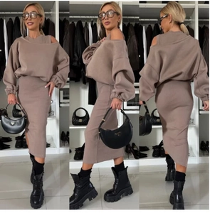 Three-view detail of a mocha two-piece set featuring off-shoulder top and maxi skirt
