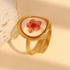 Bague vintage en acier inoxydable plaqué or 18K avec fleur séchée rouge ronde