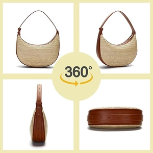 Minimalist straw woven crescent handbag with brown leather trim in a 360-degree multi-view