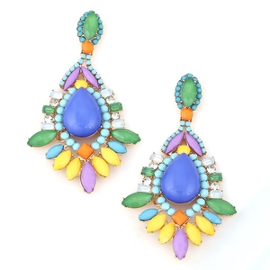 Detailed close-up of Bohemian alloy earrings featuring colorful rhinestones and resin
