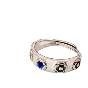 Vintage S925 sterling silver flower ring with blue gemstone and adjustable open band