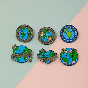Set of six eco-friendly enamel pins featuring Earth Day themes and environmental slogans