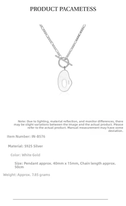 Close-up of S925 sterling silver geometric pendant with T-bar clasp and measurements