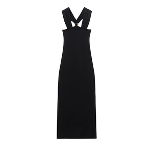 French chic halter neck black knit maxi dress with elegant gold ring detail on neckline