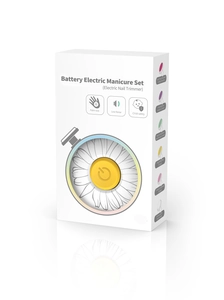 Electric manicure set packaging showing child safety features and six grinding heads