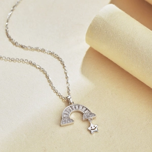 Detail of S925 silver necklace with rainbow pendant and sparkling zircon stones