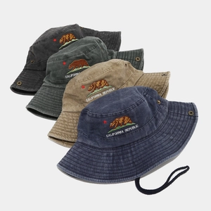 Washed cotton bucket hats with California Republic bear embroidery and windproof strings