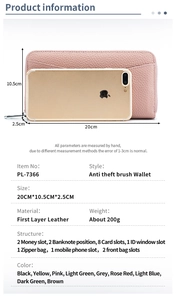 Detailed dimension guide for the leather RFID wallet next to a phone for size comparison