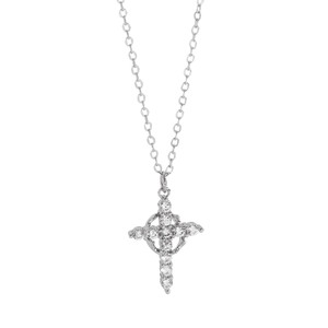 Detailed view of silver cross pendant with sparkling clear cubic zirconia stones