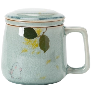 Hand-painted rabbit ceramic tea mug with strainer and lid in celadon crackle glaze