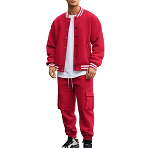 Detail view of red men's sportswear set with baseball jacket and cargo pants
