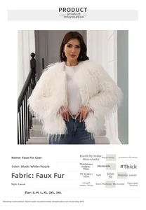 Tableau des tailles et détails du tissu pour veste courte en fausse fourrure blanche