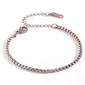 Detail of silver stainless steel box chain bracelet with lobster clasp and extension