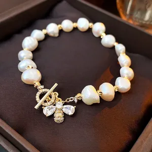 Baroque Freshwater Pearl Bracelet With Zircon Bee Pendant And Gold Plated Toggle Clasp Elegant Fashion Jewelry For Women