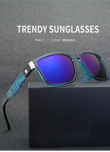 Detail of square sports sunglasses with purple-blue coating and metal logo on a sleek stand