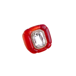 Vintage red resin hexagonal ring with rectangle crystal and rhinestone accents