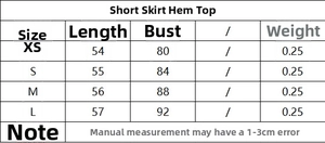Detailed size chart for sexy fringed hem top showing XS to L measurements and dimensions