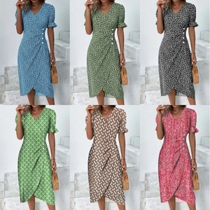 Women's Elegant Geometric Print V-Neck Dress Puff Sleeve Irregular Hem Short Sleeve Slim Fit Polyester Dress Vacation Wear